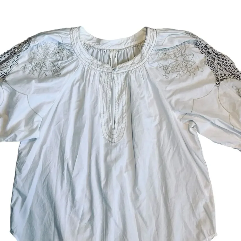 Anthropologie Women’s Sz S White Cream Crochet Blouse Short Puff Sleeve